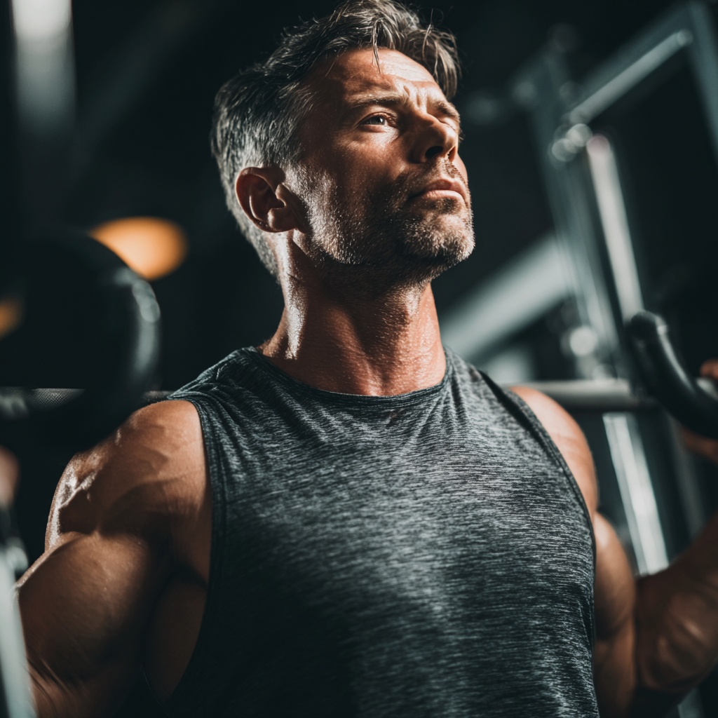 Athletic man in gym performing strength training with focused determination