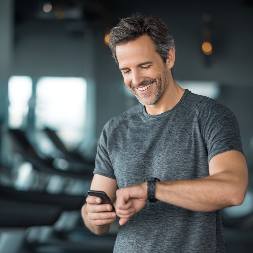 Confident man checking workout results on fitness tracker with smile of achievement