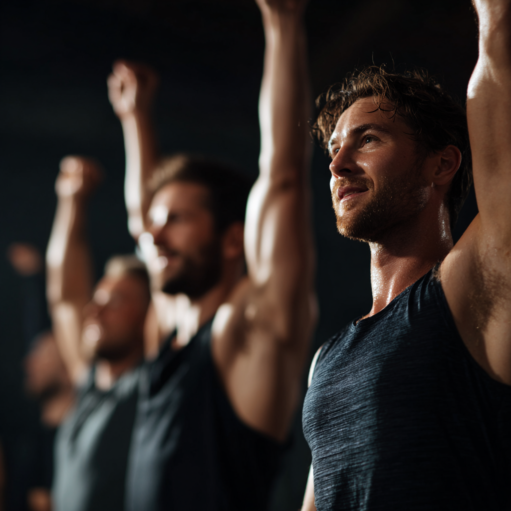 Group of athletic men celebrating fitness achievement with raised arms showing strength and determination